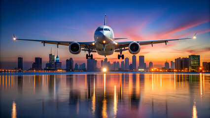 An airplane is landing over the water with a city skyline at sunset