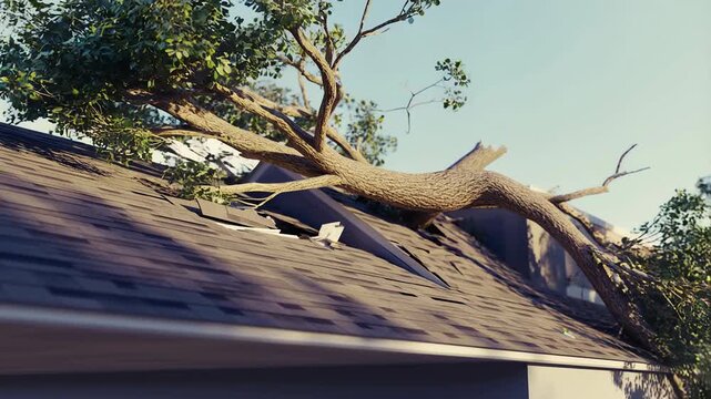 Storm damage and fallen tree on suburban house roof causing structural destruction and emergency repair situation after severe weather or natural disaster