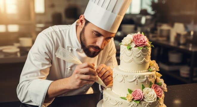 Artisan Cake Designer: A skilled chef meticulously decorates an elegant, multi-tiered cake, crafting a work of edible art in a professional kitchen.