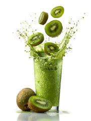 Kiwi slices splash into a glass of green juice on white