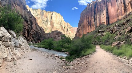 A mystical canyon with vibrant red rock walls, a narrow river below, and endless blue sky above the horizon.


