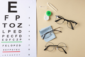 Vision test chart, glasses, tweezers, cleaning cloth and lenses on beige background, flat lay