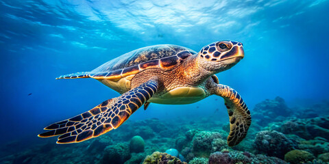 Obraz premium Sea Turtle Underwater Background – Ocean, Marine Life, Tropical, Blue Water, Wildlife, Nature, Snorkeling, Animal, Swimming, Reef, Exotic, Freedom, Peaceful, Scuba, Sea Turtle, Aquatic Scene