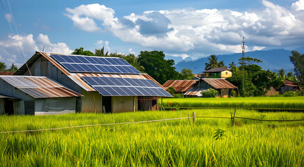 Solar panels adorn a rural house roof amidst a vibrant rice field