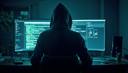 Cybercrime Hacking Dark Web Concept, Man Coding at Computer for Cybersecurity Blogs, Online Safety Guides, Fraud Awareness, Technology Articles