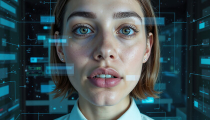 Face Swap Technology Woman with Digital Interface for Virtual Reality, AI Development, Facial Recognition Software, and Technology Websites