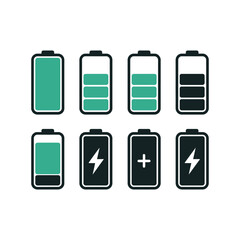 Fototapeta premium Battery Charge Level Indicators Showing Different Stages of Power Capacity and Charging Options in a Simple Graphic Design