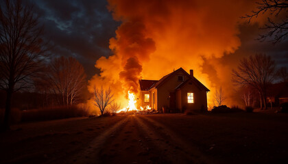 Arson fire burning abandoned building, house on fire, arson, property crime, insurance fraud, disaster scene, safety education, news media, emergency services.