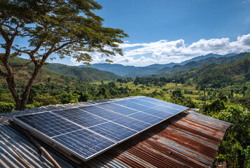 Solar panels on a rooftop with a beautiful mountain view in the background