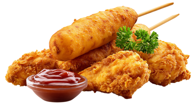 A close up of fried chicken and corn dogs with ketchup on a isolated on transparent background