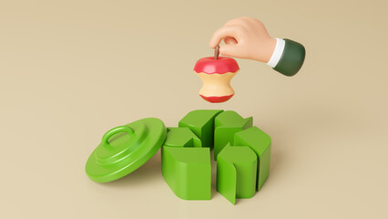 Kitchen waste recycling, the concept of ecology problem and World Environment Day. Food waste in a container, bag, pile and separately. Sorting, recycling and processing of waste. 3d rendering