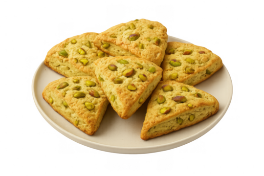 Pistachio scones arranged on a plate, creating a tempting presentation against a transparent background