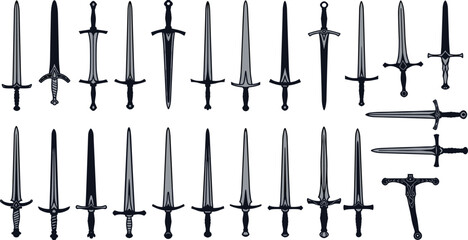 Medieval sword silhouettes collection, fantasy weapons vector set, vintage blades design, black and grey illustration isolated on white background. © Earshad Creative