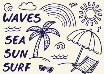 Naklejka premium A Comprehensive Collection of Hand-Drawn and Silhouette Beach & Surf Themed Doodles, Icons, and Summer Elements in Black and White