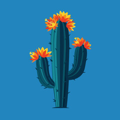 Stylized illustration of a tall saguaro cactus in full bloom with vibrant orange and yellow flowers on a blue background.