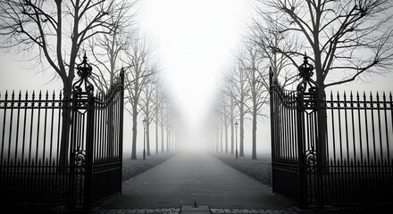 Mysterious Wrought Iron Gate Opening to a Foggy Path in a Gothic Landscape