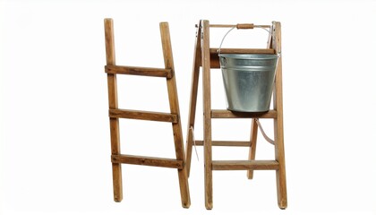 Two rustic wooden ladders side by side&mdash;one bare, the other holding a metal bucket suspended from its top rung