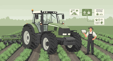 Obraz premium Precision Farming With Tractor And Tablet Analyzing Hemp Growth