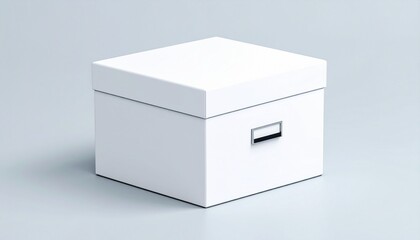 Stacked white storage boxes with black metal label holders&mdash;minimalist office or home organization setup on clean background