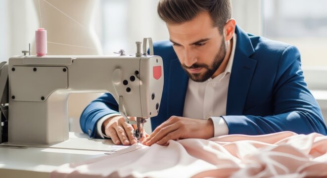 Tailor at Work: A skilled tailor intently focused on his craft, meticulously using a sewing machine to create a garment with precision and expertise, embodying dedication and artistry in fashion.