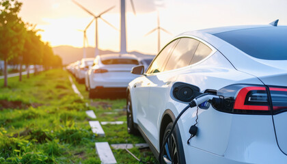 White car with red tail plugged in showcasing smart grid technology and electric vehicle charging with copy space for text