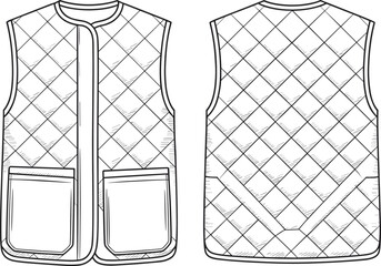 Flat sketch of quilted sleeveless vest with patch pockets, diamond stitching detail, front and back view, fashion technical drawing © Montaha Creatives