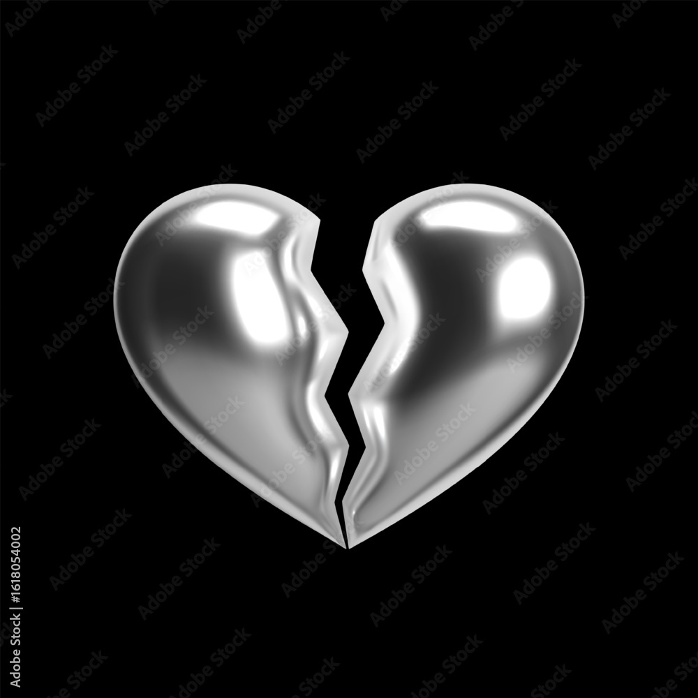 Poster chrome 3d broken heart split into two glossy metallic halves with cracked surface, reflective textur