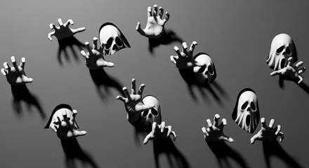 Fototapeta premium A black and white 3D horror illustration depicting multiple ghostly figures or trapped souls emerging from a flat surface.