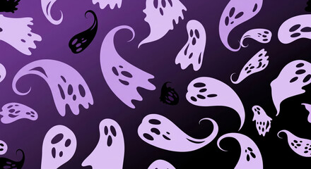 A seamless repeating pattern featuring a quirky Halloween theme. The stylish design combines cute cartoon ghosts with traditional, intricate paisley shapes in a monochrome purple and black.