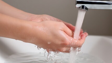 Hands of a person under running water from a modern faucet, showcasing the act of washing, with splashes and reflections creating a clean and refreshing atmosphere