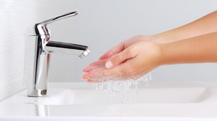 Hands of a person washing under a modern chrome faucet, with water flowing gently into a white sink, emphasizing hygiene and cleanliness in a contemporary bathroom setting