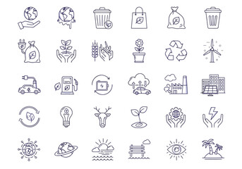 Eco-Friendly Line Icons: Sustainability, Recycling, Renewable Energy, and Conservation Symbols for Corporate Social Responsibility Initiatives.