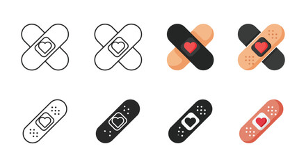 Set of Cute Bandage Illustrations with Heart Symbol in Different Styles