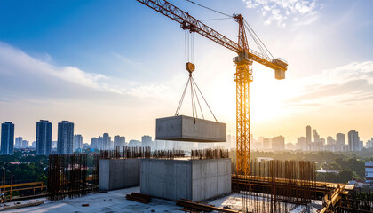 Construction crane lifting a concrete block at a building site, with a cityscape skyline visible in the background under a bright, sunny sky.