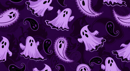 A seamless repeating pattern featuring a quirky Halloween theme. The stylish design combines cute cartoon ghosts with traditional, intricate paisley shapes in a monochrome purple and black.
