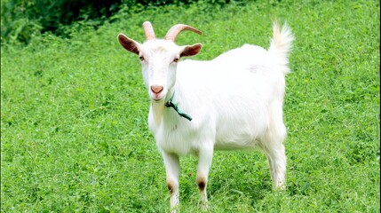 Obraz premium White goat standing in a lush green field, showcasing its playful demeanor and natural habitat, surrounded by vibrant grass and a serene rural environment