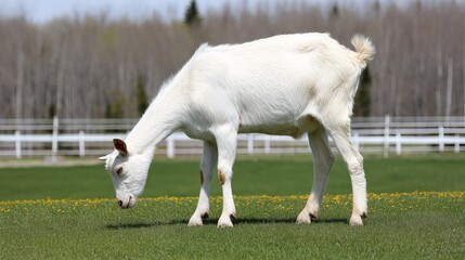Obraz premium White goat grazing on lush green grass in a sunny pasture, surrounded by a serene landscape with trees and a white fence, showcasing rural farm life and tranquility