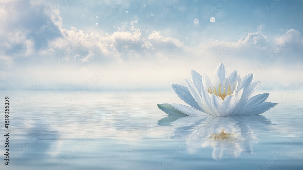 Poster white lotus flower floating gracefully on calm water surface, surrounded by soft clouds and gentle r