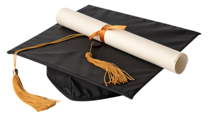 Graduation cap and diploma scroll for college university high school graduate achievement success 2025 isolated on transparent background