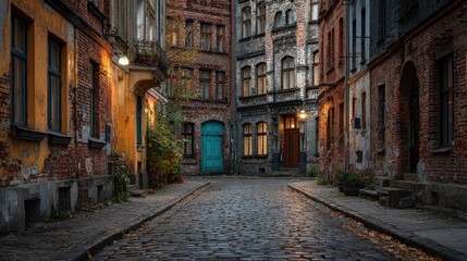 Fototapeta premium Charming European street corner with aged brick buildings and cobblestone road