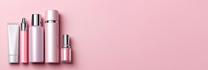 Cosmetic bottles and skincare tubes for beauty website banner, 3:1 header image in pastel pink with soft shadows and clear copy space on right for product promotion or blog layout