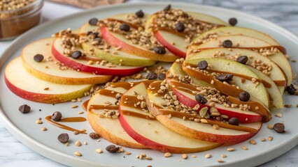 Sliced apple nachos topped with caramel, chocolate chips, and nuts for a delicious snack