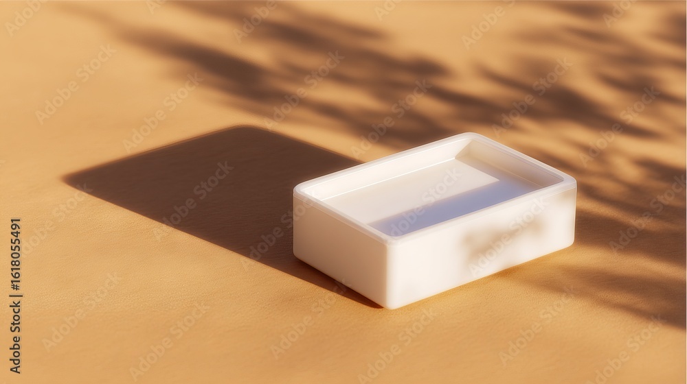 Poster white rectangular ceramic dish placed on a warm beige surface, casting a soft shadow, showcasing min