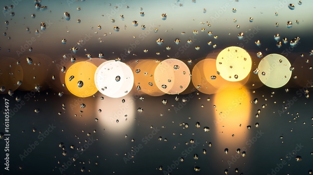 Aufkleber close-up of raindrops on a glass surface, creating a blurred bokeh effect with colorful lights in th