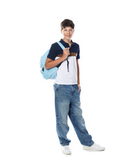 Cute teenage boy with backpack on white background