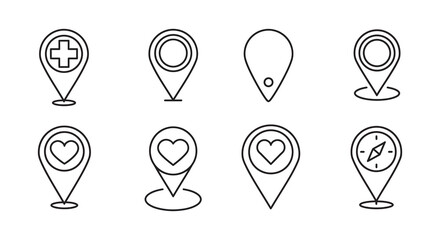 Collection of Location Pin Icons with Heart Compass and Medical Cross Symbols