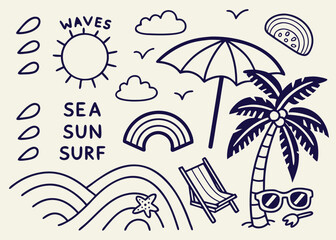 Obraz premium A Comprehensive Collection of Hand-Drawn and Silhouette Beach & Surf Themed Doodles, Icons, and Summer Elements in Black and White