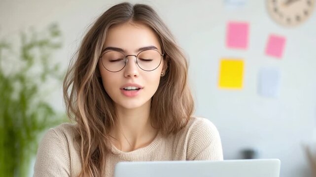 Focused Reflection: A woman wearing glasses thoughtfully gazes downward, immersed in contemplation.  Evoking a sense of introspection.
