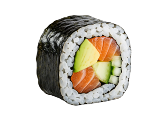 Close-up of a sushi roll with salmon, avocado, and cucumber.
