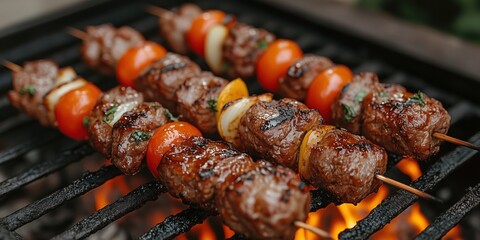 Sizzling barbecue skewers grilling over open flames, glazed with a rich sauce, with vibrant veggies. Smoky, juicy, and mouthwatering—perfect for a menu advertisement